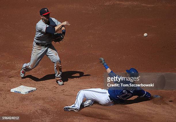 Brian Dozier of the Minnesota Twins turns a double play to end the third inning during MLB game action as Josh Thole of the Toronto Blue Jays slides...