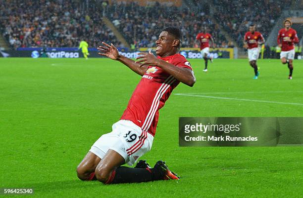 Marcus Rashford of Manchester United celebrates scoring his sides first goal during the Premier League match between Hull City and Manchester United...