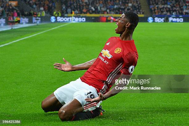 Marcus Rashford of Manchester United celebrates scoring his sides first goal during the Premier League match between Hull City and Manchester United...