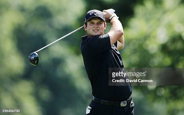 Patrick Reed hits his tee shot on the fifth hole during the third round of The Barclays in the PGA Tour FedExCup Play-Offs on the Black Course at...