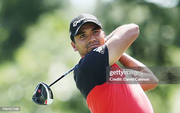 Jason Day of Australia hits his tee shot on the fifth hole during the third round of The Barclays in the PGA Tour FedExCup Play-Offs on the Black...