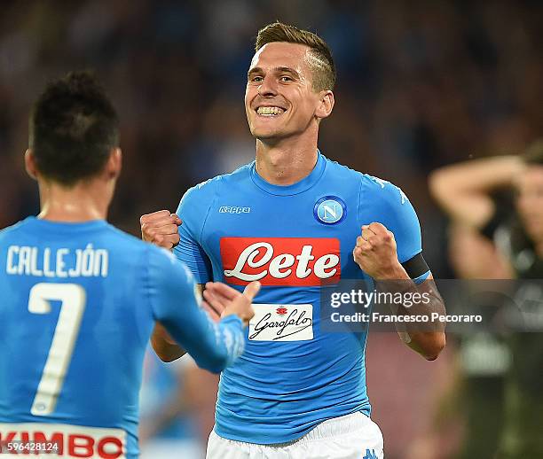 Arkadiusz Milik of Napoli celebrates after scoring goal 1-0 during the Serie A match between SSC Napoli and AC Milan at Stadio San Paolo on August...