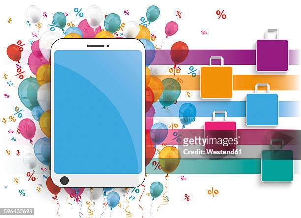 smartphone with colorful balloons, shopping bags and percentage signs, illustration - ballon de basket stock illustrations