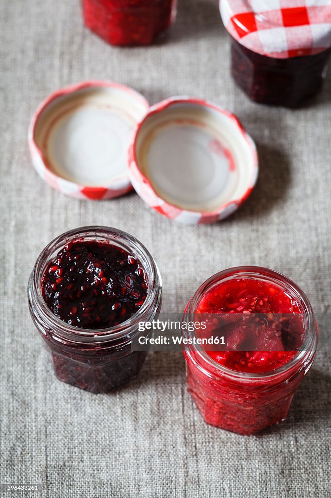 Homemade raspberry and blackberry jam with chia seeds