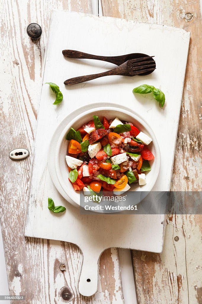 Salad with mozzarella, tomatoes, slices of melon