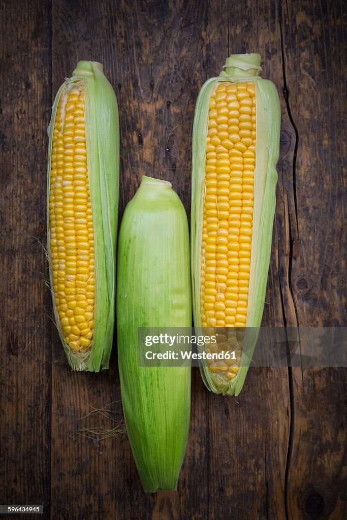 Organic corncob on wood, maize in bowl