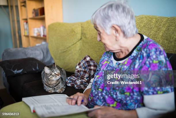 Senior woman and tabby cat on the couch at home looking at each other