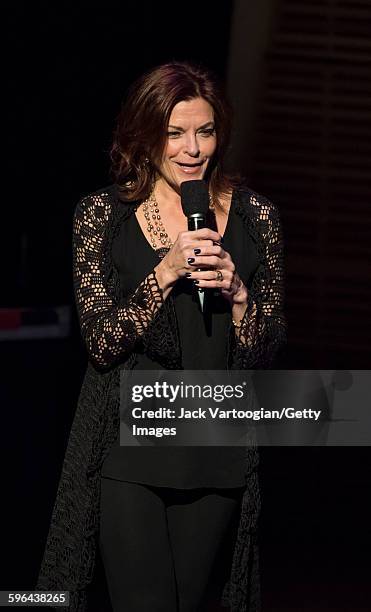 American musican Rosanne Cash introduces the Cooder-White-Skaggs band before a concert in the Carnegie Hall 'Perspectives: Rosanne Cash' series at...