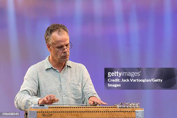 American musician Paul Niehaus plays on pedal steel guitar as he performs during the Lincoln Center Out of Doors Americanafest NYC at Damrosch Park...