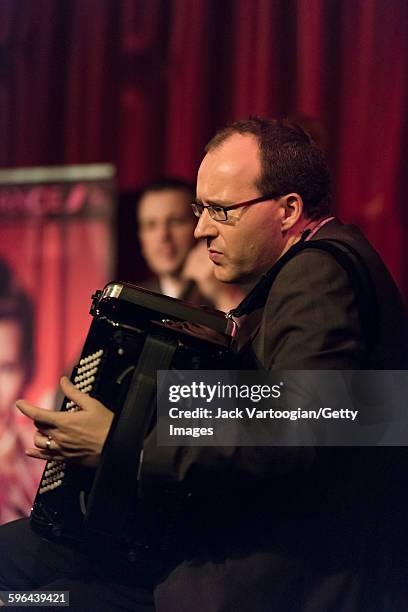 Belgian musician Ludovic Beier plays button accordion as he performs with the Django Festival All-Stars at the 16th annual Django Reinhardt NY...