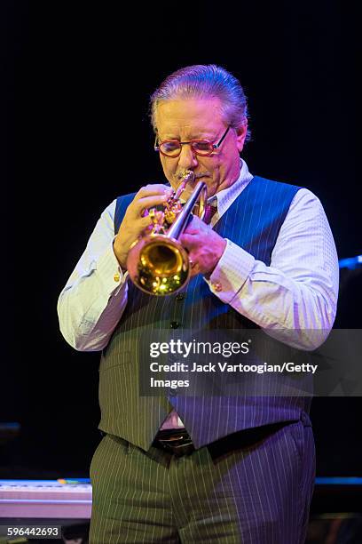 Cuban Jazz musician Arturo Sandoval plays trumpet as he leads his band during a performance at the 92nd Street Y's Kaufmann Concert Hall, New York,...