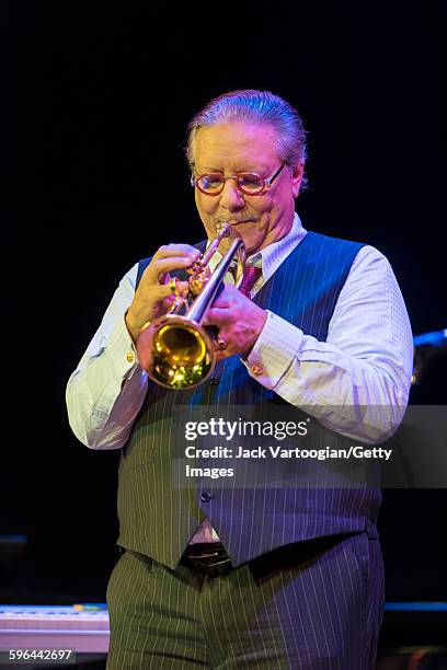 Cuban Jazz musician Arturo Sandoval plays trumpet as he leads his band during a performance at the 92nd Street Y's Kaufmann Concert Hall, New York,...