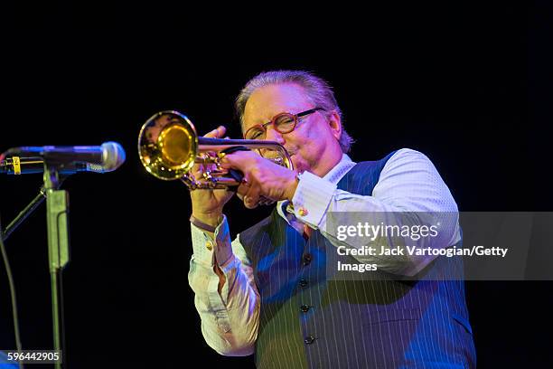 Cuban Jazz musician Arturo Sandoval plays trumpet as he leads his band during a performance at the 92nd Street Y's Kaufmann Concert Hall, New York,...