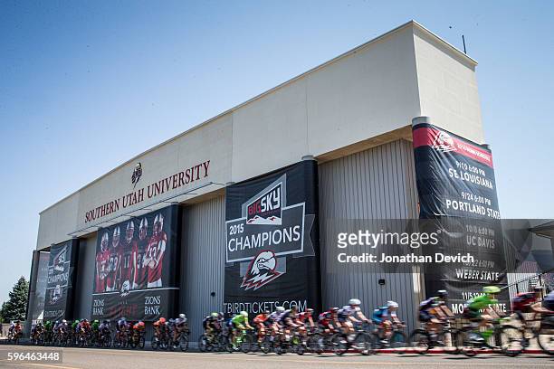 Larry H. Miller Tour of Utah - Stage 1 - The peloton passes by Southern Utah University stadium as it completes its final laps in Cedar City on...