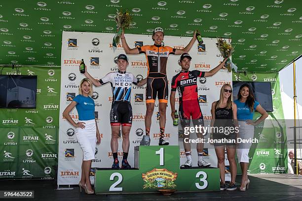 Larry H. Miller Tour of Utah - Stage 1 - The top three podium for stage 1 with Kristofer Dahl riding for the Silber Pro Cycling team in first, Colin...