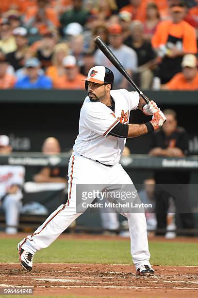Pedro Alvarez of the Baltimore Orioles prepares for pitch during a baseball game against the the Washington Nationals at Oriole Park at Camden Yards...