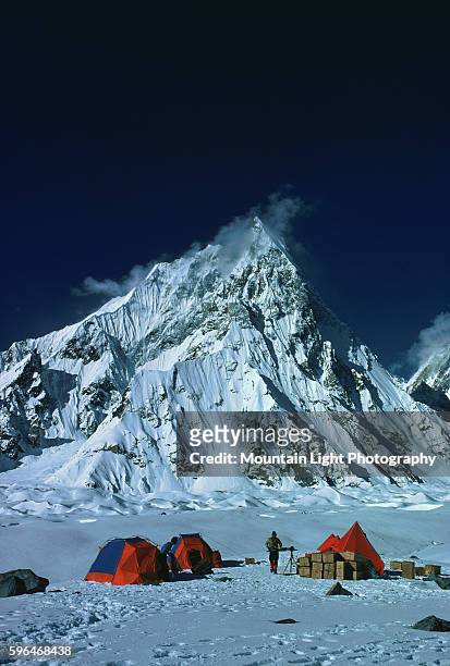 Mountaineering expedition sets up camp among the peaks of the Karakoram Range. Pakistan.