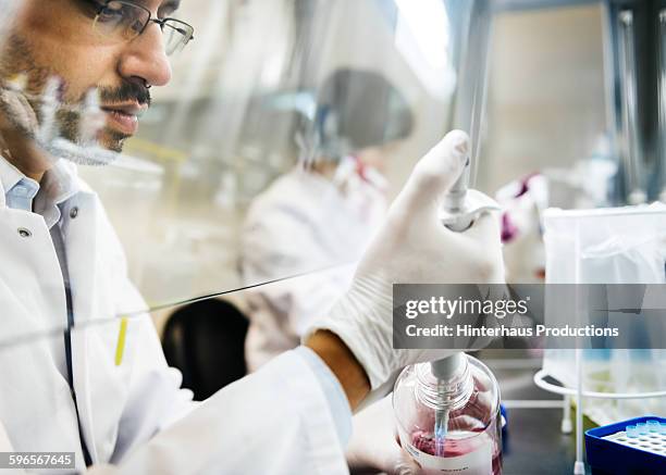 scientist pipetting in sterile laboratory - labor chemie stock-fotos und bilder