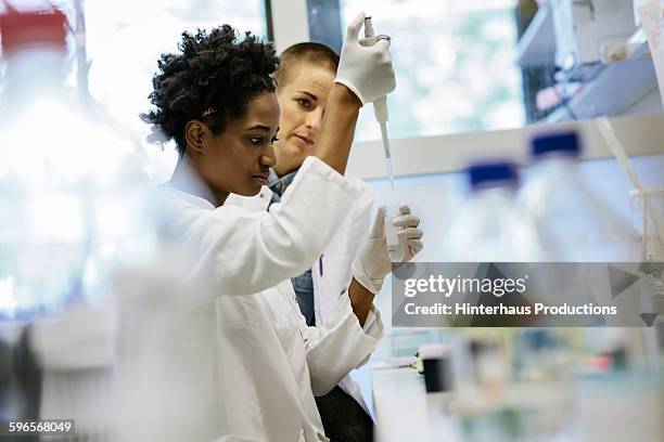 female scientists pipetting in a laboratory - black lab stockfoto's en -beelden