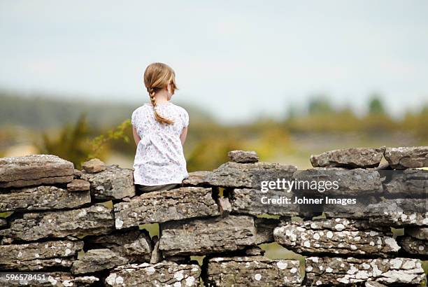 girl sitting on stone wall, rear view - oland stock-fotos und bilder