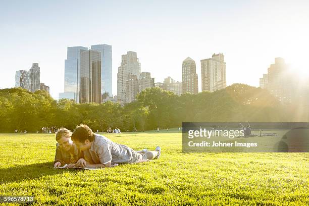 couple in park, skyline on background - couple central park stockfoto's en -beelden