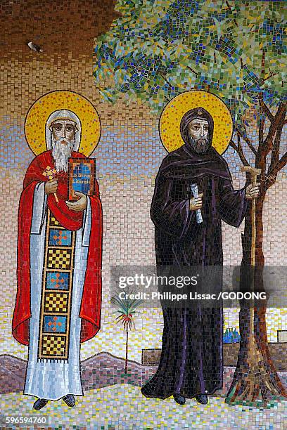 saint michel & saint george coptic church, villejuif. mosaic : st basil the great & st ephrem. - conceptual symbol stock pictures, royalty-free photos & images