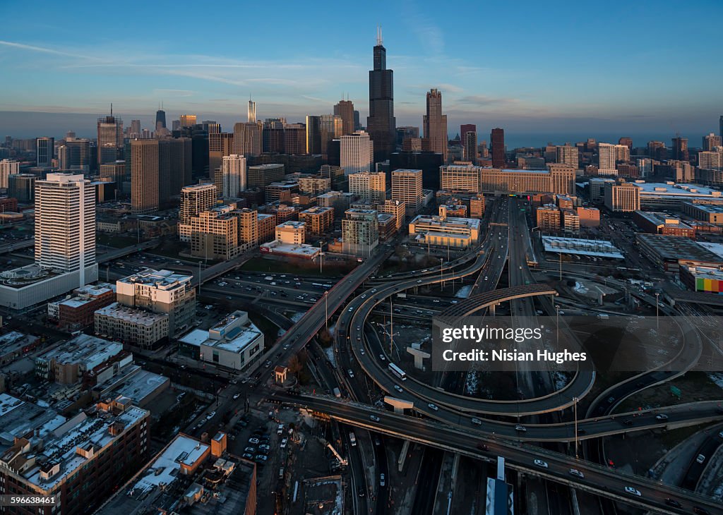 Aerial skyline of skyscrapers, Chicago, IL