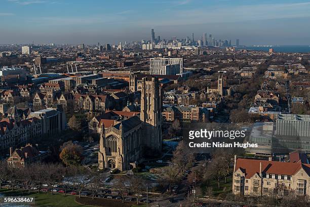 aerial of university of chicago rockefeller chapel - university of chicago stock pictures, royalty-free photos & images