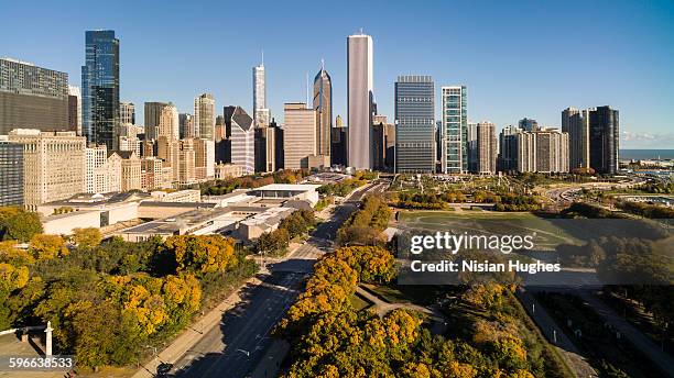 aerial chicago skyline, millennium park, illinois - millennium park chicago fotografías e imágenes de stock