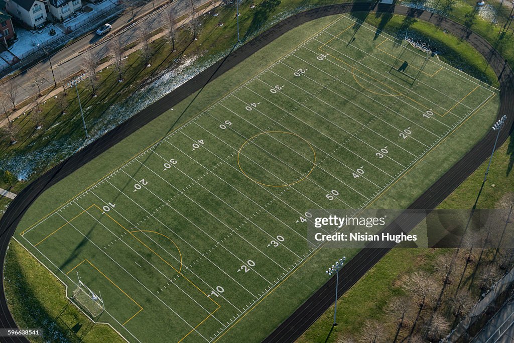 Aerial of football field in suburbs of Chicago