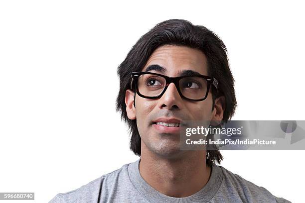 man getting an idea - asian child with new glasses stockfoto's en -beelden