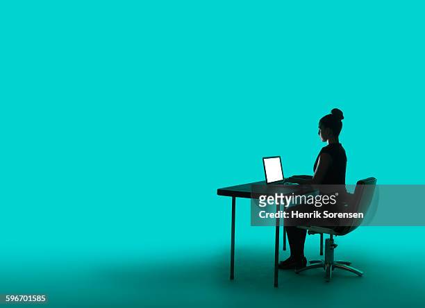 young business woman in siloette - laptop colored background stock pictures, royalty-free photos & images