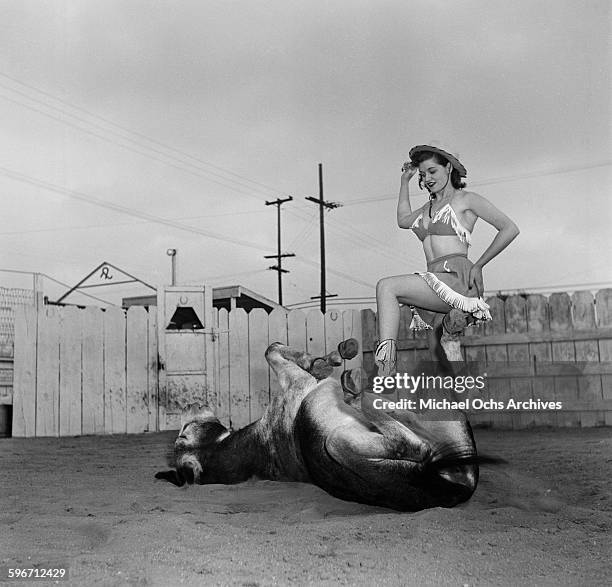 Betty Ames and her donkey Jackson perform in Los Angeles,California.