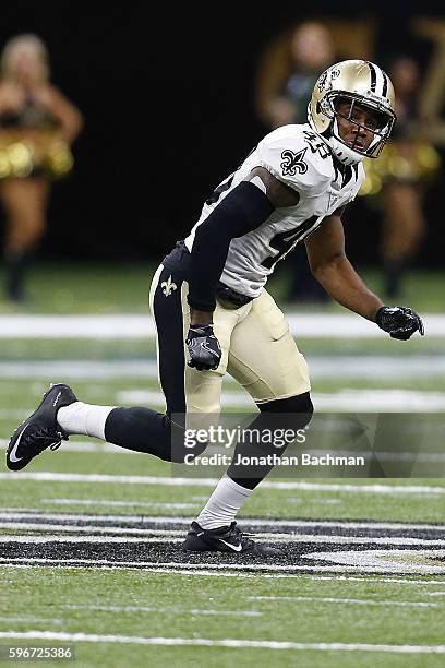 Vonn Bell of the New Orleans Saints drops back during the second half of a game at the Mercedes-Benz Superdome on August 26, 2016 in New Orleans,...