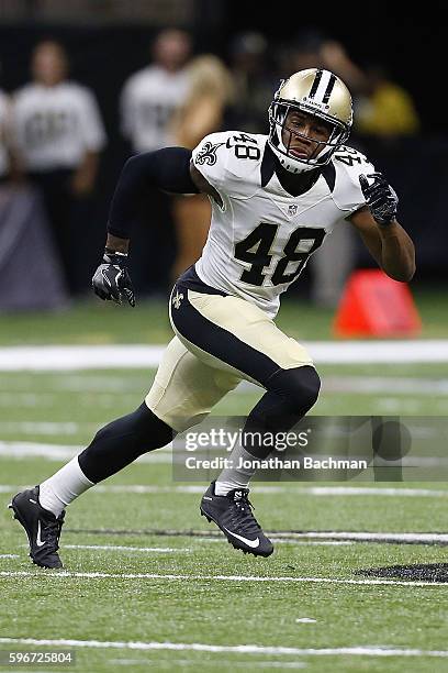 Vonn Bell of the New Orleans Saints drops back during the second half of a game at the Mercedes-Benz Superdome on August 26, 2016 in New Orleans,...