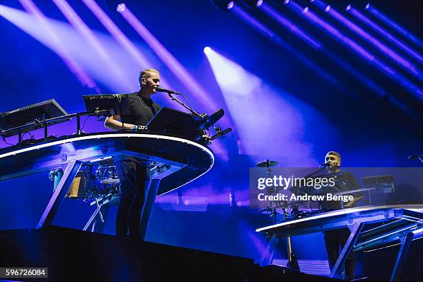 Guy Lawrence and Howard Lawrence of Disclosure perform on the Main Stage during day 2 of Leeds Festival 2016 at Bramham Park on August 27, 2016 in...
