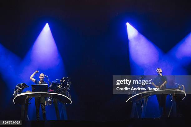 Guy Lawrence and Howard Lawrence of Disclosure perform on the Main Stage during day 2 of Leeds Festival 2016 at Bramham Park on August 27, 2016 in...