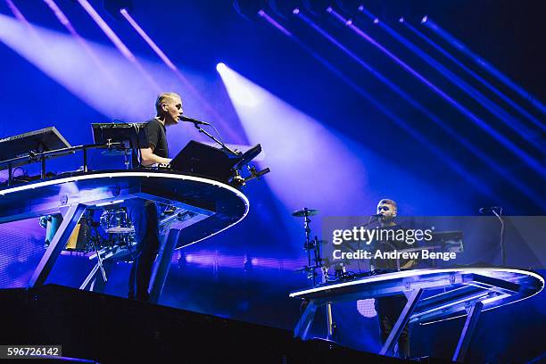 Guy Lawrence and Howard Lawrence of Disclosure perform on the Main Stage during day 2 of Leeds Festival 2016 at Bramham Park on August 27, 2016 in...