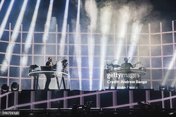 Guy Lawrence and Howard Lawrence of Disclosure perform on the Main Stage during day 2 of Leeds Festival 2016 at Bramham Park on August 27, 2016 in...