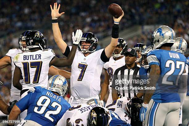 Quarterback Ryan Mallett of the Baltimore Ravens celebrates a second quarter touchdown against the Detroit Lions in their preseason game at M&T Bank...