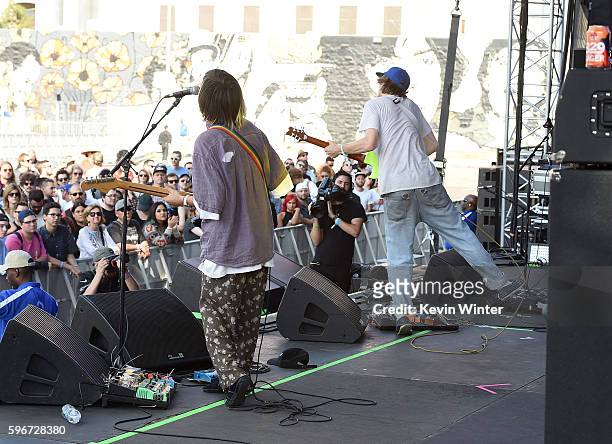 Musicians Andrew Bailey and Zachary Cole Smith of DIIV perform onstage during FYF Fest 2016 at Los Angeles Sports Arena on August 27, 2016 in Los...