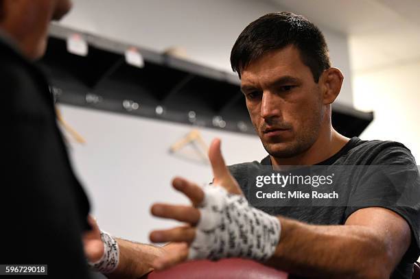 Demian Maia of Brazil gets his hands wrapped backstage during the UFC Fight Night event at Rogers Arena on August 27, 2016 in Vancouver, British...