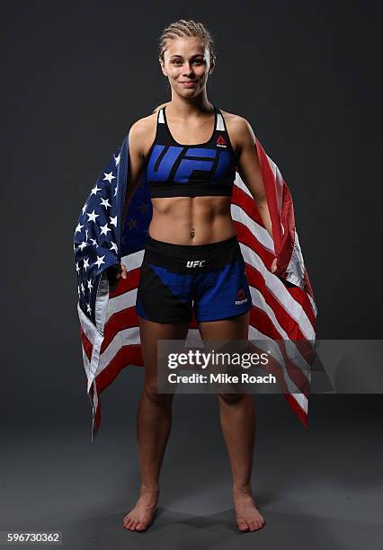 Paige VanZant of the United States poses for a post fight portrait backstage during the UFC Fight Night event at Rogers Arena on August 27, 2016 in...