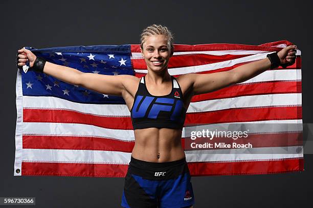 Paige VanZant of the United States poses for a post fight portrait backstage during the UFC Fight Night event at Rogers Arena on August 27, 2016 in...