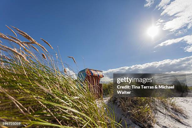 beach chair in beach landscape - beach shelter stock-fotos und bilder