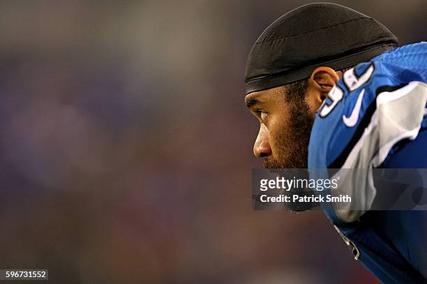 Defensive tackle Haloti Ngata of the Detroit Lions looks on against the Baltimore Ravens during the second half in their preseason game at M&T Bank...