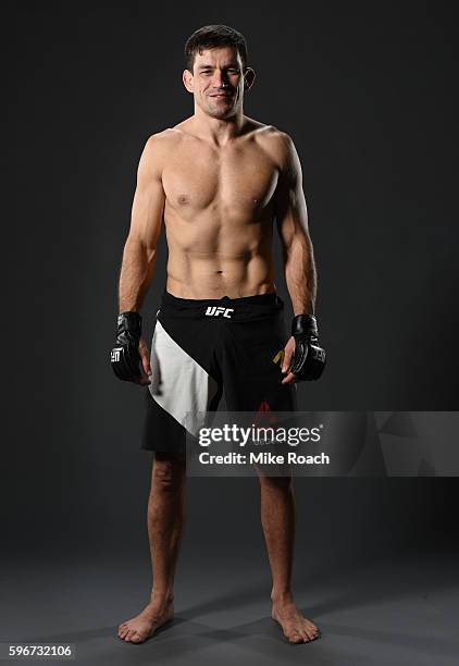 Demian Maia of Brazil poses for a post fight portrait backstage during the UFC Fight Night event at Rogers Arena on August 27, 2016 in Vancouver,...