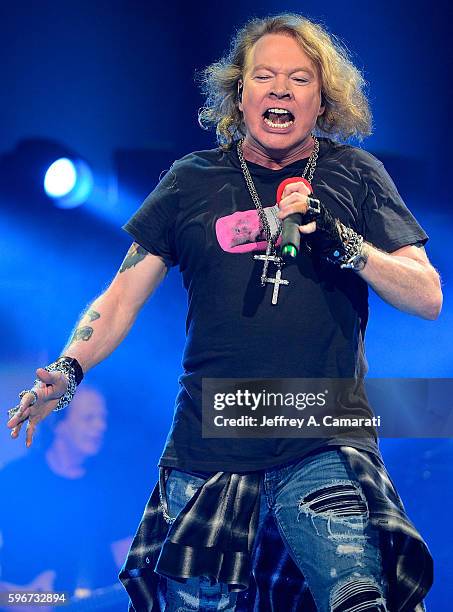 Axl Rose performs with AC/DC during the Rock Or Bust Tour at the Greensboro Coliseum on August 27, 2016 in Greensboro, North Carolina.