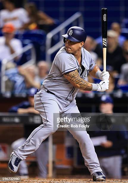 Oswaldo Arcia of the San Diego Padres at bat during the game against the Miami Marlins at Marlins Park on August 27, 2016 in Miami, Florida.