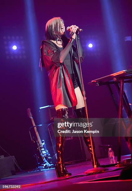 Sarah Barthel of Phantogram performs onstage at the MTV Pre VMA concert hosted by Taco Bell at Terminal 5 on August 27, 2016 in New York City.